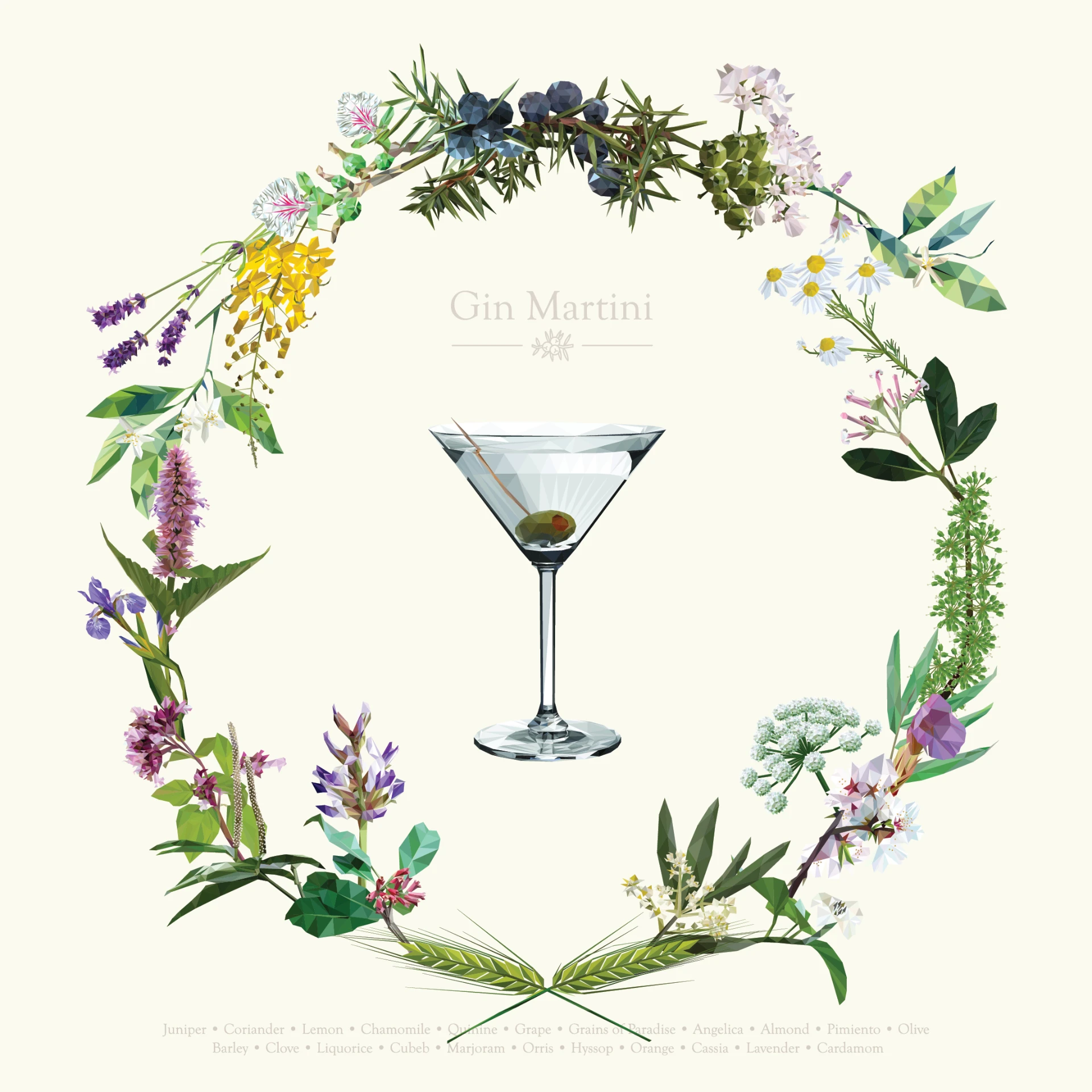 Low-poly geometric artwork of a Gin Martini cocktail
